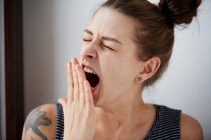 Closeup Portrait Headshot Sleepy Young Woman With Wide Open Mout